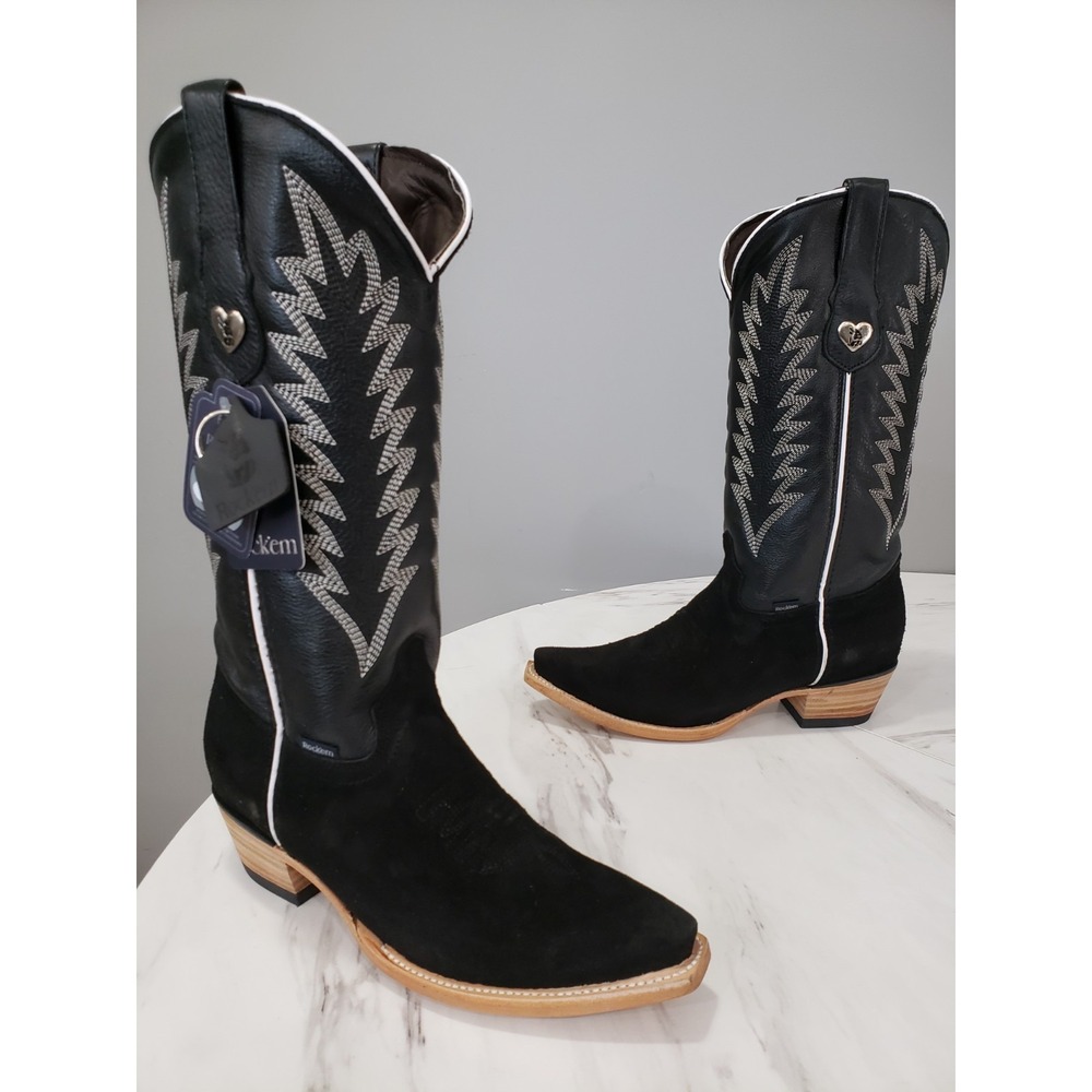 Rock'em Women Sierra Tall Snip Toe Cowboy Western Roughout Boots Black 9.5 EE